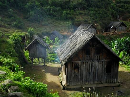 Traditional Zafimaniry wooden plank house and granary on stilts in a green village near Ambositra.