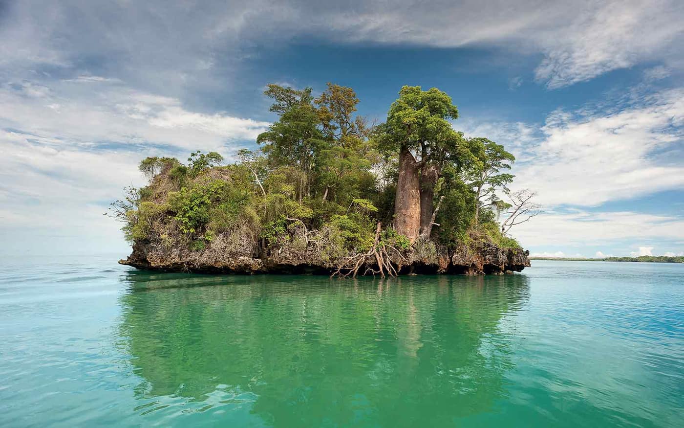 Rocky islet crowned with greenery and a baobab, in the middle of turquoise water