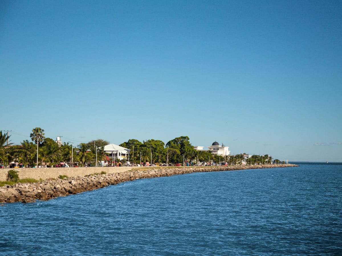 The Majunga seafront, lined with palm trees and a rock sea wall, facing a deep blue sea.