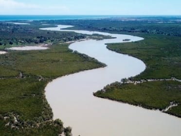 Aerial view of the Morira River winding through mangroves towards the sea, near Mahajanga.