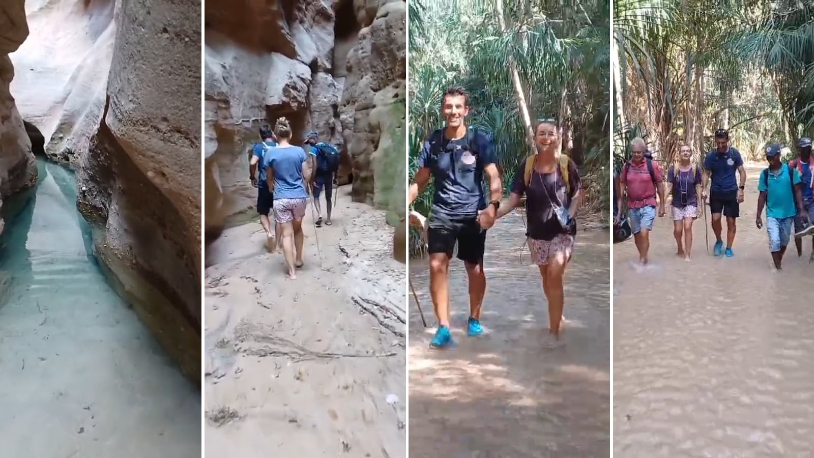 Trekking in the Makay: a canyon with turquoise water, hikers between the rock walls and a walk along the river