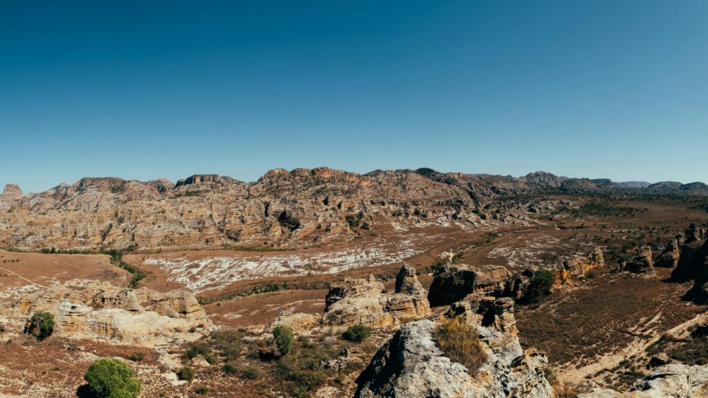 Sandstone massifs and rocky plateaus of Madagascar under a blue sky
