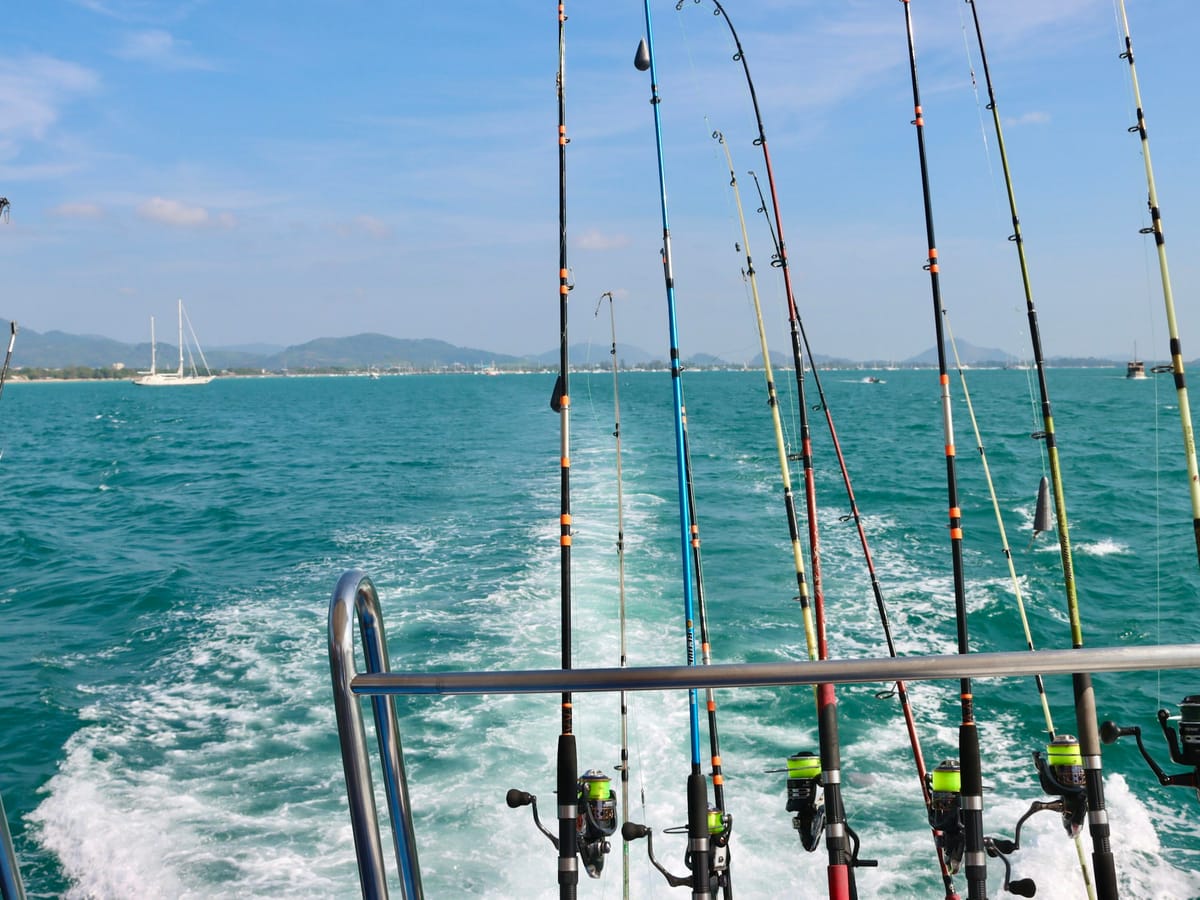 A row of fishing rods and reels mounted at the stern of a boat, above the wake, on a turquoise sea.