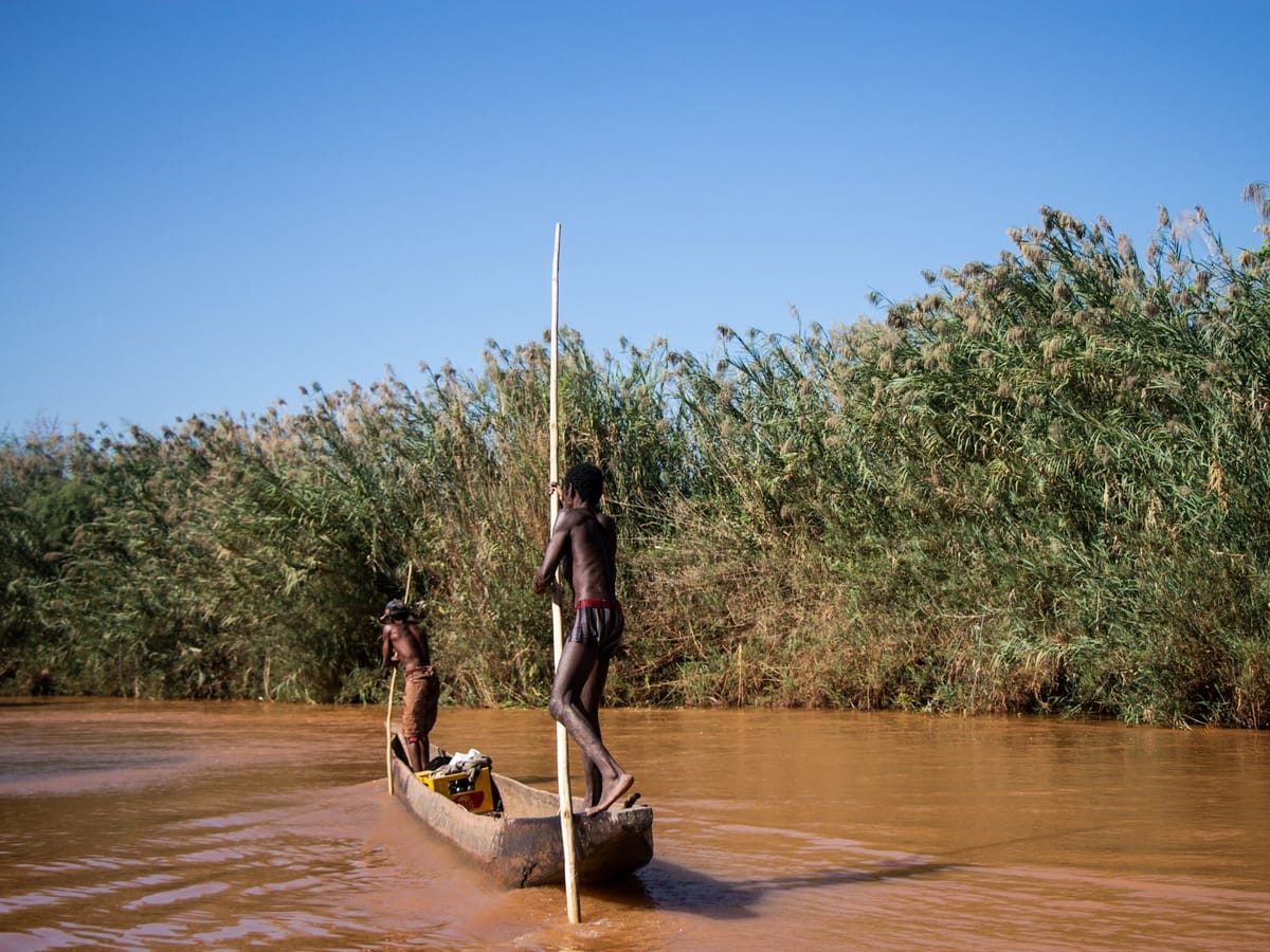 Two men standing in a dugout pole it along the ochre waters of the Tsiribihina, beside a bank of tall reeds.