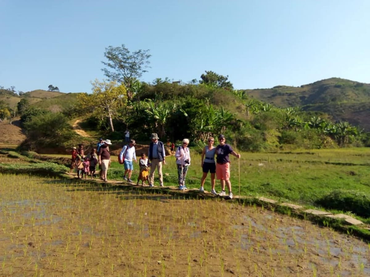 A group of hikers, some carrying walking sticks, on the narrow bank of a newly planted rice field with a few children, below green hills.