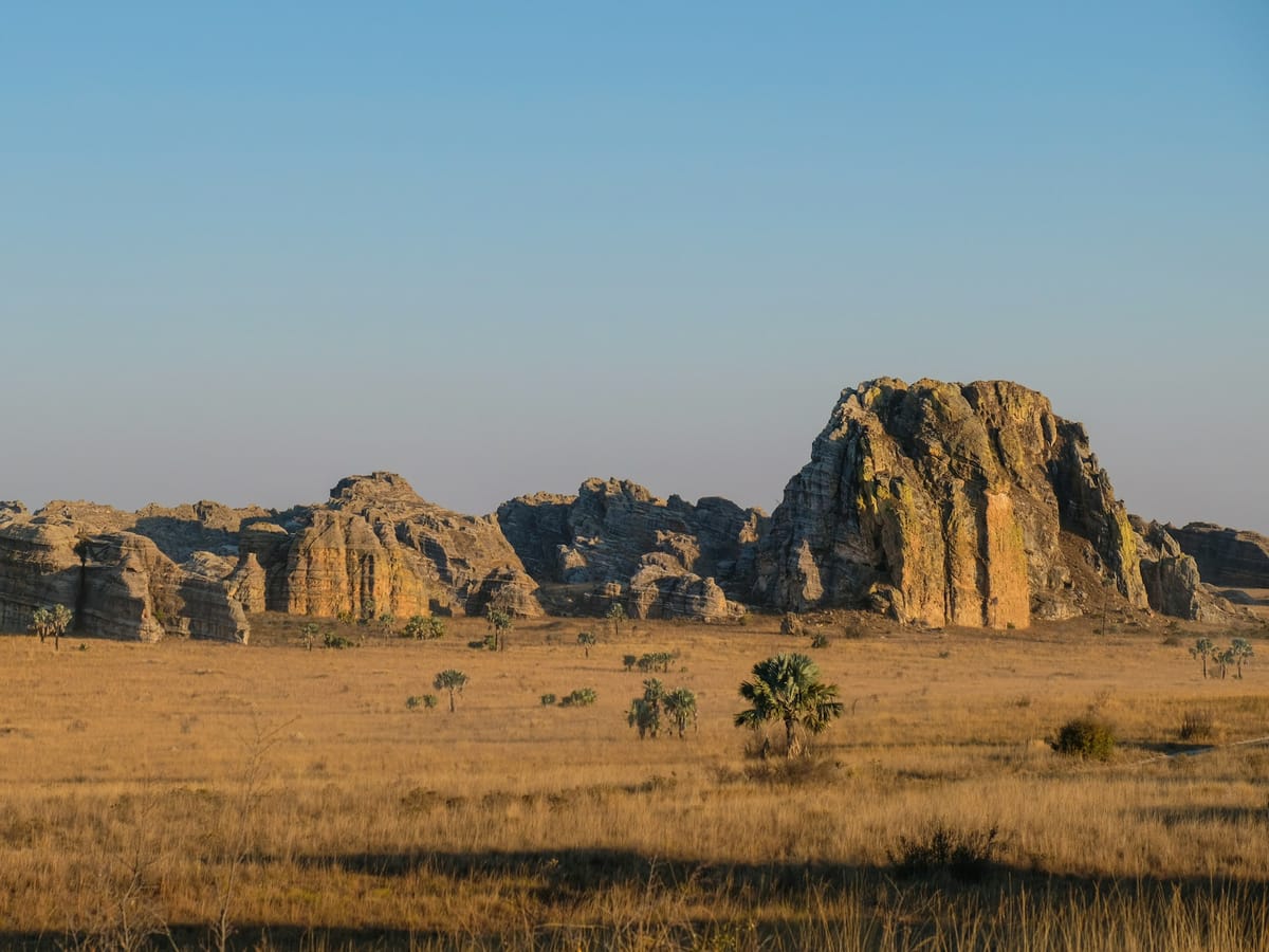 The sandstone massif of Isalo rising above a savannah of golden grass dotted with palms, in low golden light.