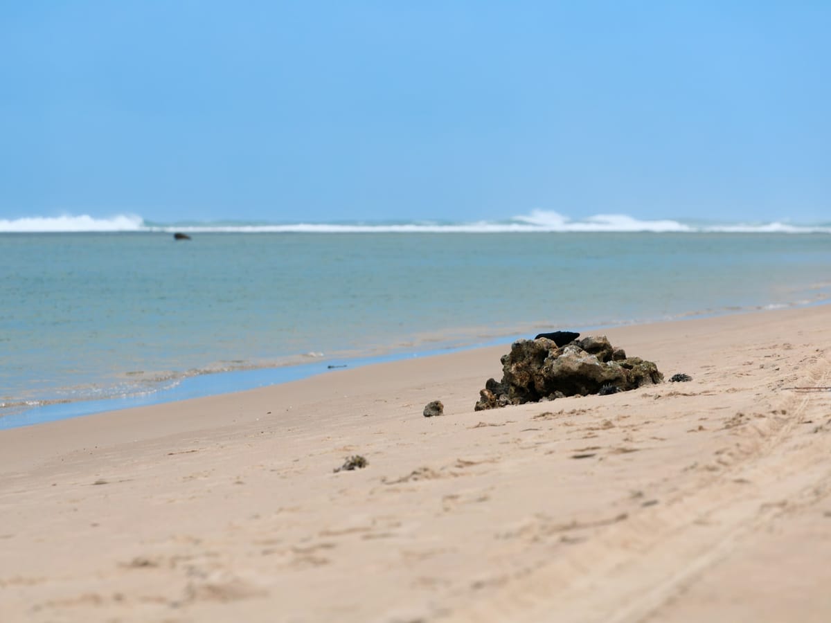 A sandy beach at Foulpointe on the east coast, in front of a calm lagoon; in the distance, waves break on the coral reef.