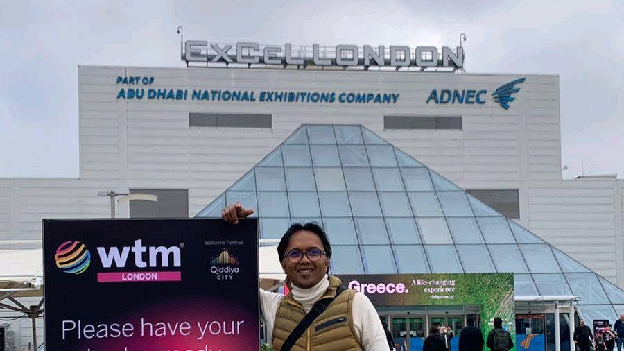 Outside ExCeL London, at the entrance to WTM London 2024